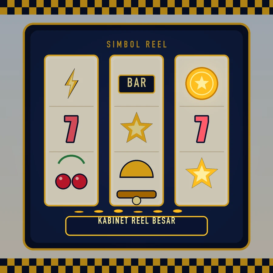 Kabinet slot tiga reel dengan simbol petir, angka 7, ceri, BAR, bintang, lonceng, dan koin emas