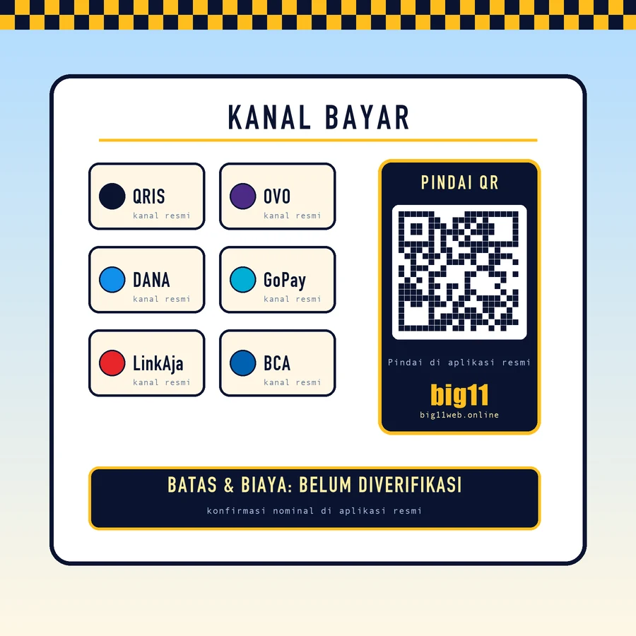 Panel kanal pembayaran QRIS, OVO, DANA, GoPay, LinkAja, dan BCA dengan kode QR di sampingnya