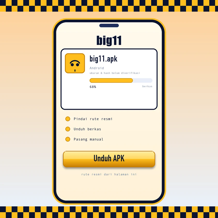 Layar ponsel dengan kartu unduhan big11.apk, bilah progres, dan tombol Unduh APK