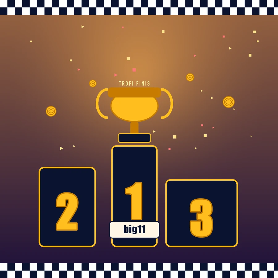 Podium juara balap dengan trofi emas, blok angka satu dua tiga, dan papan nama big11