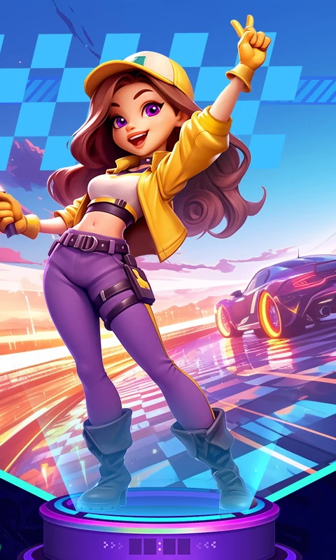 Ilustrasi resmi big11: pembalap perempuan berjaket kuning di podium balap dengan mobil sport menyala di belakangnya